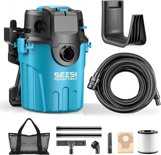 Seesii Garage Vacuum Wall Mounted Shop Vac, 6.6 Gallon 5.5 Peak HP Shop Vacuum Wet and Dry with 30Ft Flexible Hose, Attachments, Storage Bag, Cartridge Filter Ideal for Garage, Car, Workshop, Home