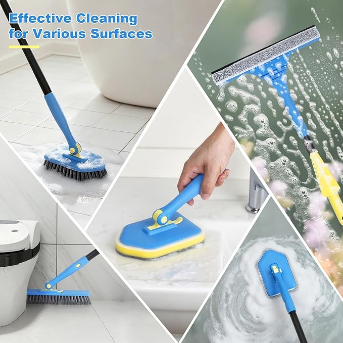 Tile Tub Scrubber Brush with 5 Different Function Cleaning Heads and 51" Extendable Long Handle Non Scratch Shower Scrubber for Cleaning Bathroom Kitchen Toilet Wall Bathtub Sink