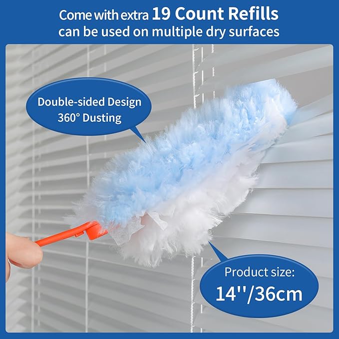 Qaestfy Dusters for Cleaning Dust 20 Count Refills 360 Fluffy Microfiber Hand Duster Kit with 14'' Rotatable Handle Unscented Cloths Pad for Multi-Surface Dusting (1 Handle + 20 Count)