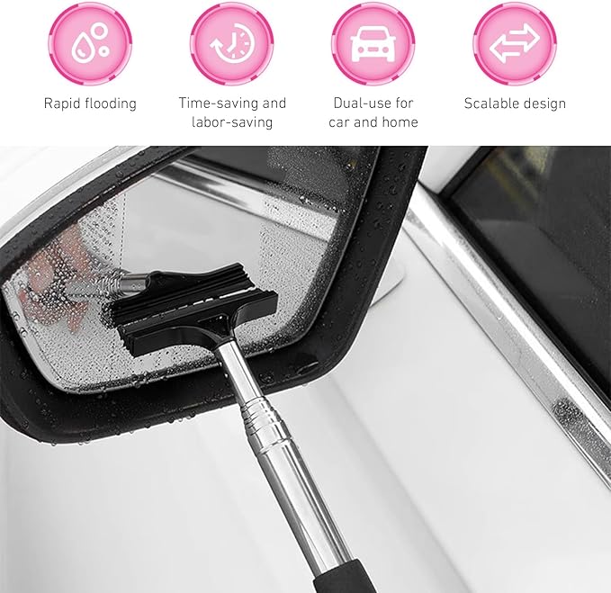CouTun Car Side Mirror Squeegee, Retractable Car Rearview Mirror Wiper, 38.6in Long Handle Auto Glass Cleaning Tool, Multi-Functional Portable Side Mirror Wiper (Black)