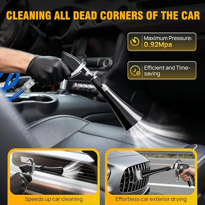 Detailing Car Cleaning Gun,6-9.2 Bar High Pressure Dry Cleaning Gun, Interior Drying Air Gun with 2 Nozzles & Rotating Plastic Hose for Quickly Blowing Out Dirt &Dust with Air Flow