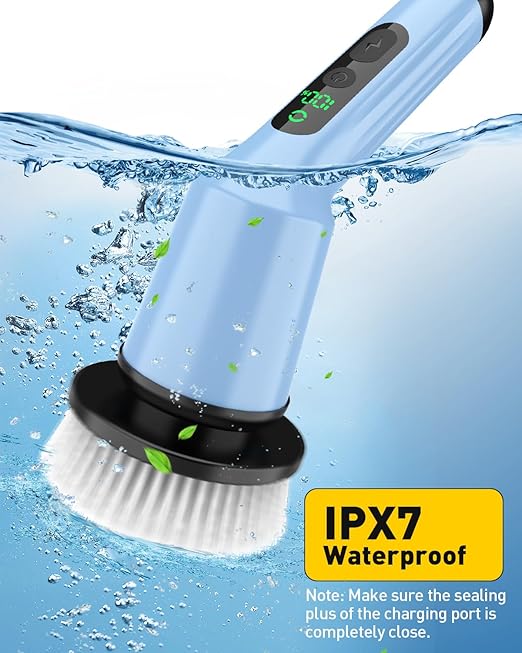 Electric Spin Scrubber for Cleaning Bathroom, Shower Scrubber Cordless Cleaning Brush with IPX7 Waterproof & 2 Speed, 3 Brush Heads, Bathroom Cleaning Supplies for Shower Tub Kitchen Tile Toilet Sky