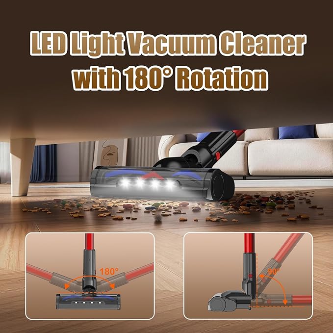 Cordless Vacuum Cleaner, 200W 45Mins Lightweight Stick Vacuum Cleaners for Home, Anti-Tangle Brush & LED Touch Screen, 1L Dust Cup, Wall Mount Dock, Bright Light for Hardwood, Pet Hair, Carpet, Office
