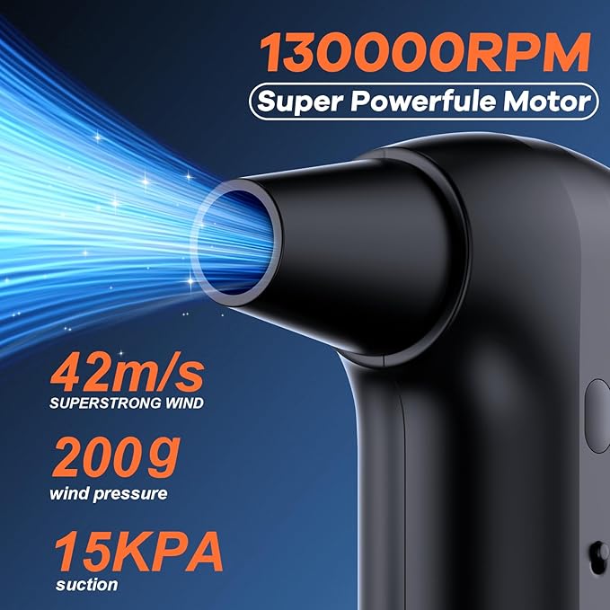 Compressed Air Duster 130000RPM - Rechargeable Electric 2-in-1 Air Blower & Vacuum Cleaner, 3-Speed Brushless Motor, Fast Charging, 4 Nozzles for Computer Keyboard PC Car Electronics Cleaning