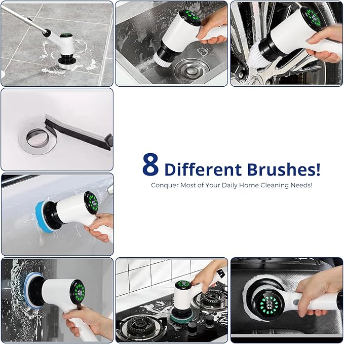 Electric Spin Scrubber, Cordless Power Cleaning Brush with 8 Replaceable Heads, 2 Adjustable Speeds, LED Display & Long Handle, Ideal for Bathroom Tub Tile Floor Car Cleaning