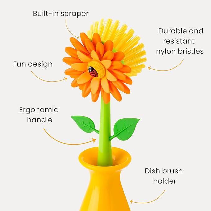 Vigar Flower Power Dish Brush with Handle and Vase Holder - Dish Scrub Brush for Dishes, Kitchen Scrub Brush, Dish Brush with Handle, Sink Cleaning Brush, Pot Scrubber, Dishwashing Brush - Orange