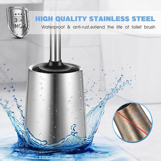 HAMITOR Toilet Bowl Brush Holder Set: 2Pack Silicone Stainless Steel Deep Cleaning Toilet Cleaner Brush for Bathroom Restroom - Compact Modern Rv Toilet Scrubber Accessories with Caddy