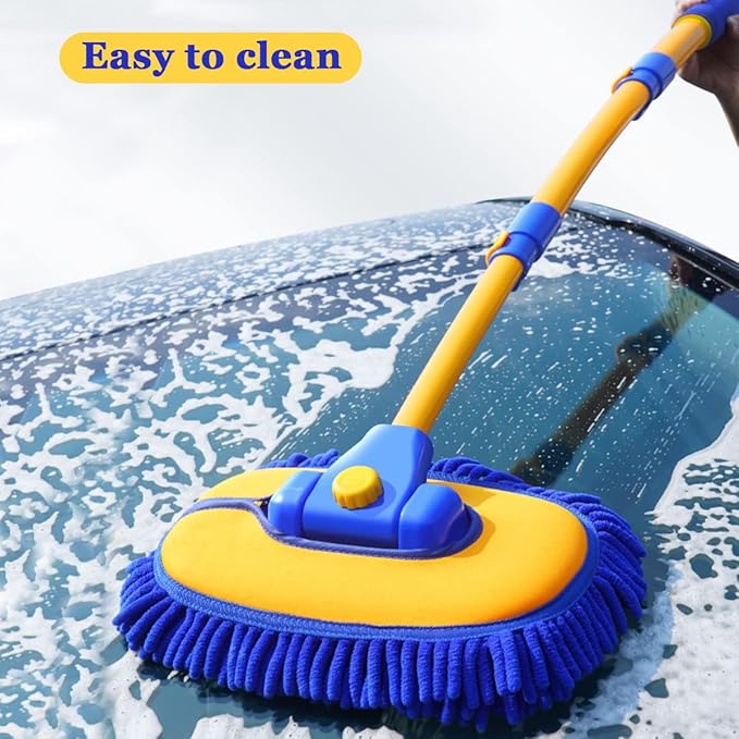 BMLEI Car Wash Brush With Long Handle, Chenille Microfiber Mop Mitt, 1 Replacement Head, Wheel Brush Extension Pole, Cleaning Kit With Towels for Cars Trucks 5PCS