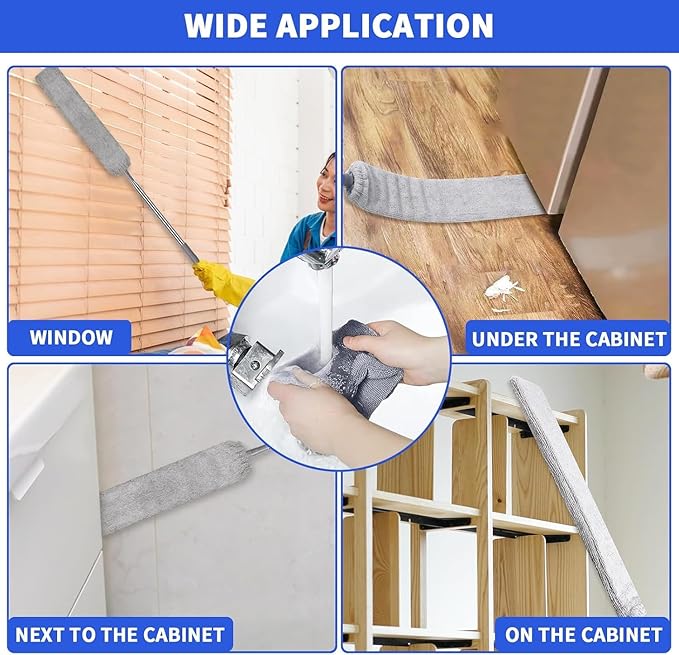 Retractable Gap Dust Cleaner, Extendable Gap Duster with 4 Microfiber Dusting Cloths Long, Under Appliances Cleaning Tools with Extendable Pole,Under Refrigerator, Furniture, High Ceiling