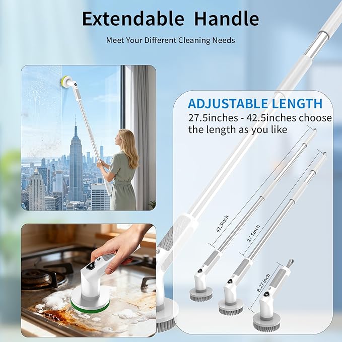 Electric Spin Scrubber, Cordless 20W High-Torque Cleaning Brush Bathroom Scrubber, IPX7 Waterproof Electric Scrubber with 6 Brush Heads, Extendable Long Handle Power Scrubber for Bathtub Floor