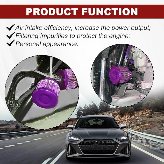 2 Pieces 12mm Universal Air Filter and Crankcase Breather Kit High Flow Cold Air Intake Filter, Turbo Vent Valve Cover Breather for Car Motorcycle Purple