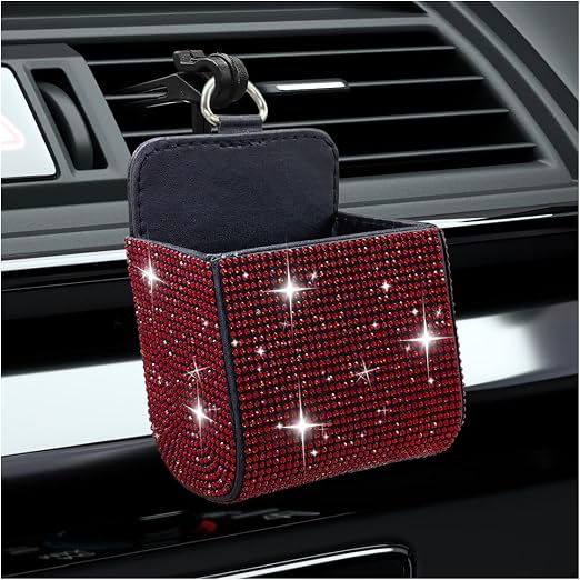 Bling Car Air Vent Storage Organizer, Car Vent Storage Pouch Box Leather Pocket with Hook for Women, Sparkly Rhinestone 