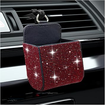 Bling Car Air Vent Storage Organizer, Car Vent Storage Pouch Box Leather Pocket with Hook for Women, Sparkly Rhinestone 