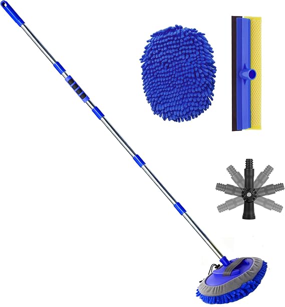 60" Car Wash Brush Kit - 4-Section Long Handle Mitt Mop with 270° Swivel Connector Anti-Scratch Chenille Mop Head & Spon