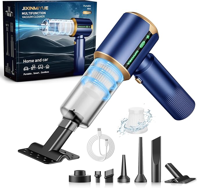 Cordless Car Vacuum Cleaner: Handheld Vacuum with 16000Pa Strong Suction, Brushless Motor & HEPA Filter, 7-in-1 Cleaning Kit, Type-C Charging for Home Office Car Pet - Navy Blue