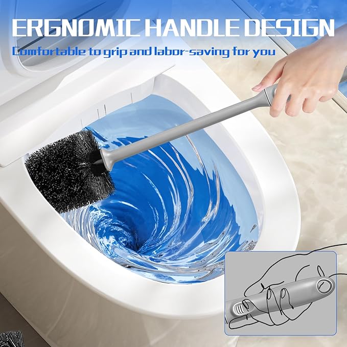 Toilet Brush and Holder 2 Pack with Long Handle - Non-Slip Grip Toilet Bowl Brush Set for Deep Cleaning Bathroom, Toilet Scrubber- Gray