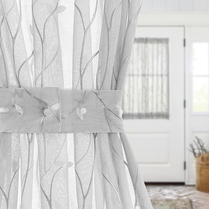 jinchan Sheer Door Curtain 40 Inches Grey Floral Embroidered Semi-Sheer Embroidery Voile Floral French Door Curtain Light Filtering Drape Rod Pocket 1 Panel Gray
