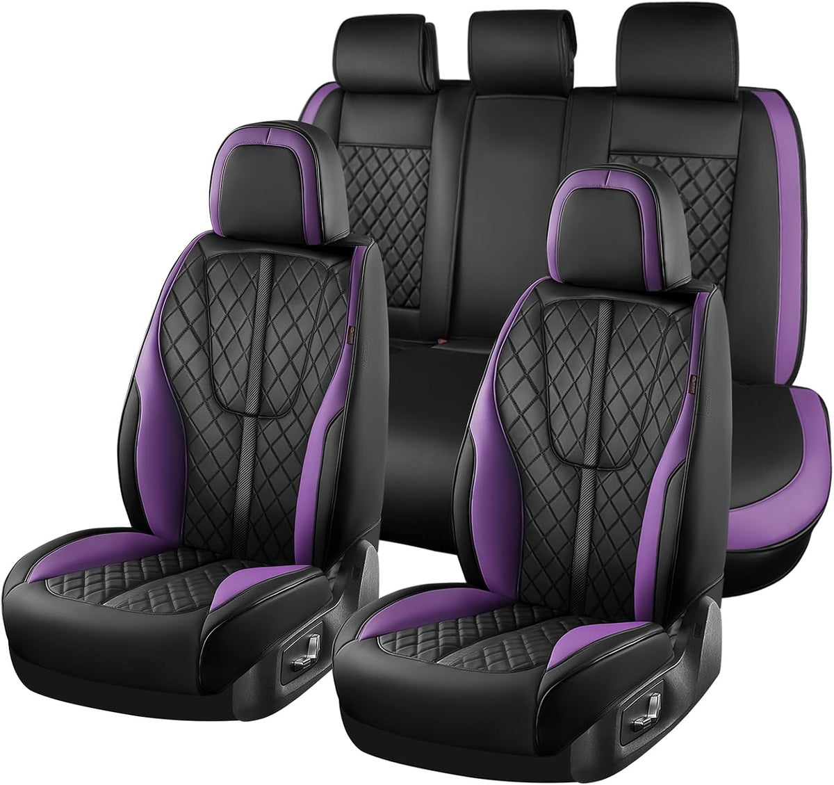 Leather Car Seat Covers Full Set, Black and Purple Seat Cover, Luxury Diamond-Pattern Leather Seat Covers & Carbon Fiber, Durable Waterproof Car Seat Protectors Universal Fit for Most Cars