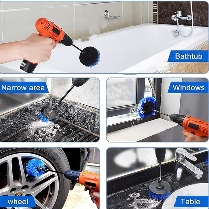 8 Pcs Drill Brush Attachment Set, Power Cleaning Scrub Brush Kit with Extend Long Attachment, All Purpose Drill Scrub Brushes for Car, Grout, Floor, Tub, Bathroom and Kitchen (Blue)