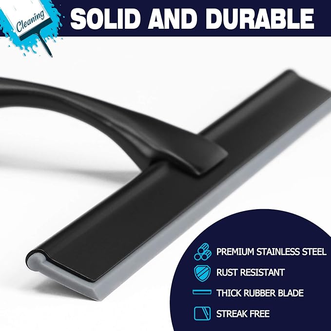 Shower Squeegee, 10-Inch Matte Black Squeegee, All-Purpose Stainless Steel Squeegee for Bathroom, Shower Doors, Mirrors, Tiles and Car Windows - 100% Streak Free