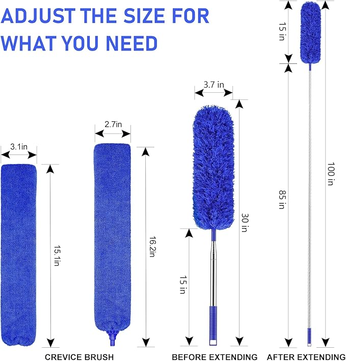 SetSail Dusters for Cleaning 100-inch Extra-Long Gap Duster with Extension Pole Bendable Microfiber Head Washable Ceiling Fan Cleaner Duster Kit for High Ceilings, Blue
