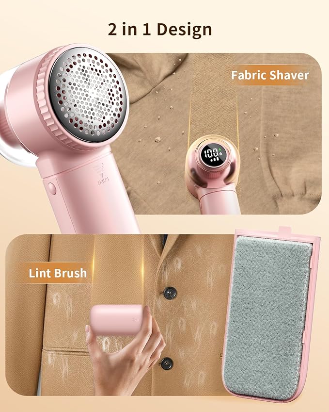Fabric Shaver with Lint Brush, Large Lint Shaver with Digital Display, 3-Speeds Lint Remover with 6-Leaf Blades, Electric Sweater Shaver to Remove Pilling for Clothes, Furniture