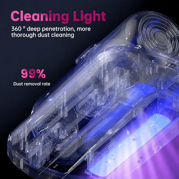 PATO Mattress Vacuum Cleaner, Wireless Handheld Bed Vacuum Cleaner with Cleaning Light, HEPA Filter and Ultrasonic Vibration, 12KPa, Suitable for Beds, Sofas, Car Seats, Carpets (Purple)