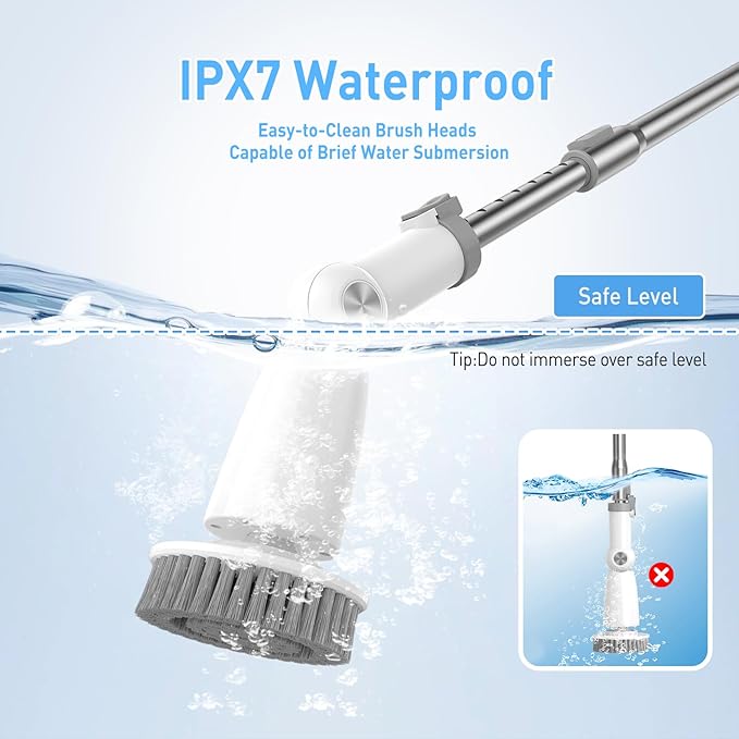 Marchpower Electric Spin Scrubber, Power Shower Scrubber Cordless Cleaning Brush 6 Replaceable Brush Heads, 2 Speeds, Adjustable Detachable Handle, IPX7 Waterproof Bathroom Scrubber Tub Tile Floor