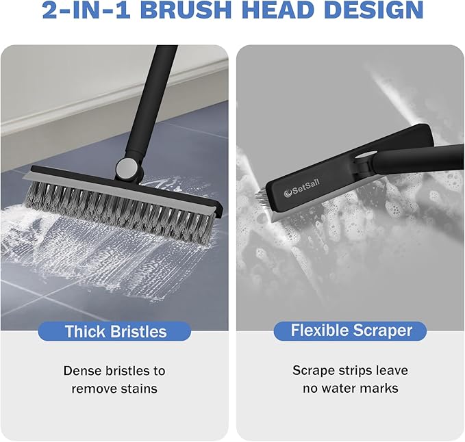 SetSail Grout Cleaner Brush with Long Handle, V-Shaped Floor Scrub Brush Swivel Grout Brush Stiff Bristle Floor Grout Scrubber for Bathroom, Tile Line, Crevice, Kitchen, Wall, Deck, Garage, Black Grey