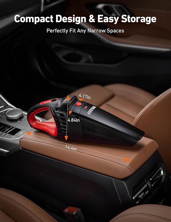 AstroAI V2 Mini Portable Cordless Handheld Car Vacuum Cleaner, 6000mAh & 12V DC, LED Light, Brush, Extended Nozzle, Hose, Portable Handheld Vacuum for Car, Home, Office & Pet Cleaning, Red
