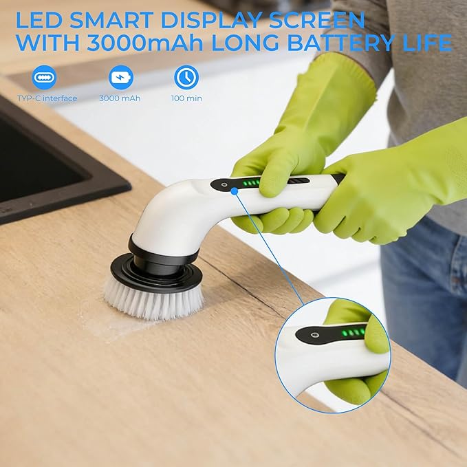 Electric Cleaning Brush, Rechargeable Power Scrubber with 6 Replaceable Brush Heads and Extendable Handle, Multi-Surface Cleaner for Bathroom, Kitchen, Floor, Grout, Car, Windows