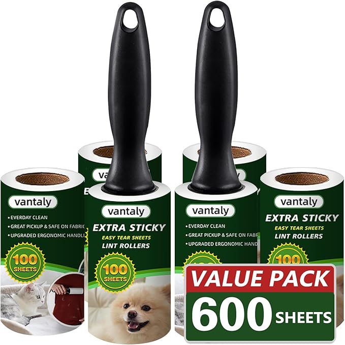 Lint Rollers for Pet Hair Extra Sticky, 600 Sheets Value Set Lint Roller with 2 Upgraded Handles, 6 Rollers Portable Pet Lint Remover for Clothes, Furniture, Carpet, Dog & Cat Hair Removal