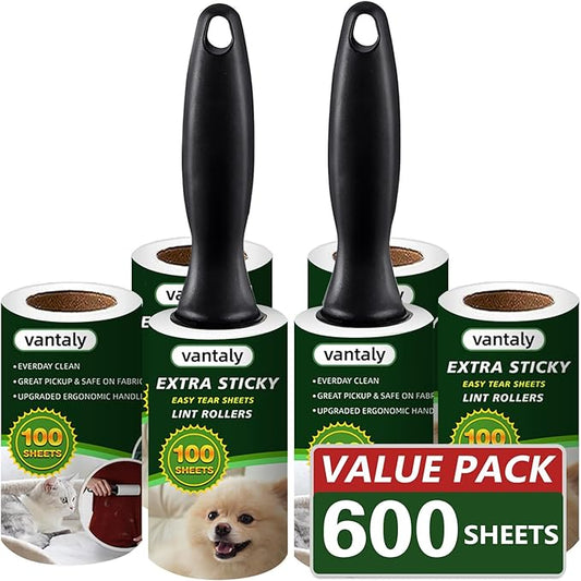 Lint Rollers for Pet Hair Extra Sticky, 600 Sheets Value Set Lint Roller with 2 Upgraded Handles, 6 Rollers Portable Pet Lint Remover for Clothes, Furniture, Carpet, Dog & Cat Hair Removal