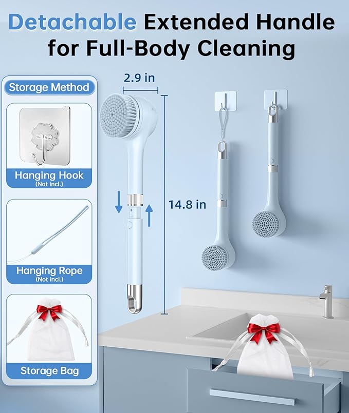 Electric Body Brush Back Scrubber for Shower, Waterproof Rechargeable Auto Bath Brush with Long Handle, 5 Replaceable Heads & 3 Speeds, Deep Cleansing Exfoliating Massage Spin Scrubber for Men & Women