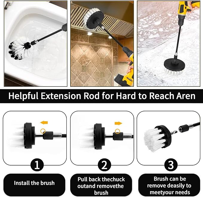 8 Pcs Drill Brush Attachment Set, Power Cleaning Scrub Brush Kit with Extend Long Attachment, All Purpose Drill Scrub Brushes for Car, Grout, Floor, Tub, Bathroom and Kitchen (White)
