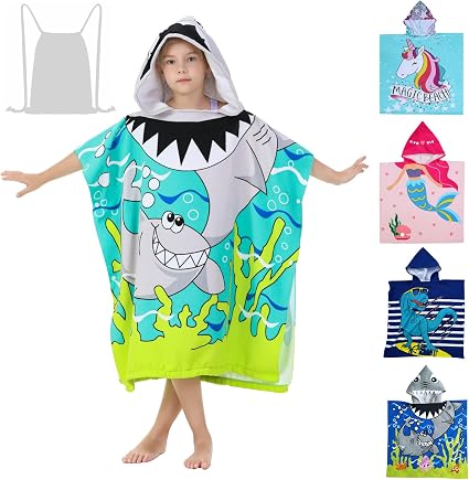 Shark Theme Cover-ups for Big Kids Hooded Bath Poncho Towels with Hood Children Beach Wearable Cover ups