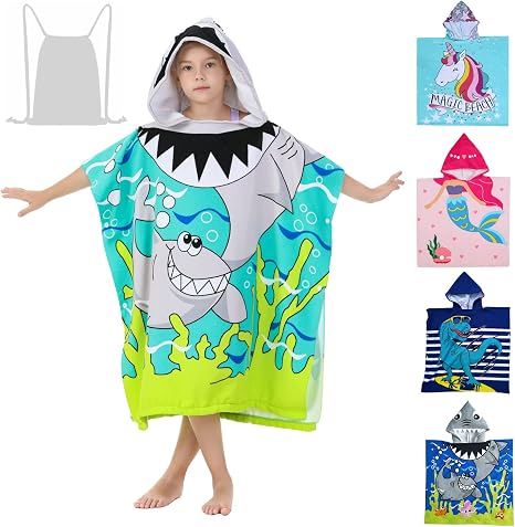 Shark Theme Cover-ups for Big Kids Hooded Bath Poncho Towels with Hood Children Beach Wearable Cover ups