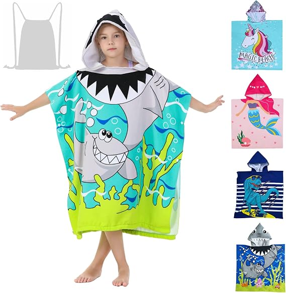 Shark Theme Cover-ups for Big Kids Hooded Bath Poncho Towels with Hood Children Beach Wearable Cover ups