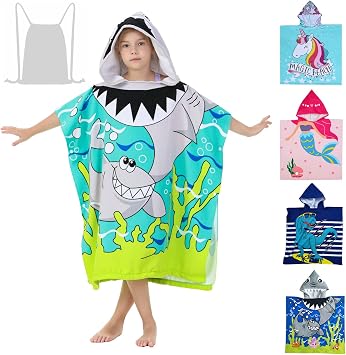 Shark Theme Cover-ups for Big Kids Hooded Bath Poncho Towels with Hood Children Beach Wearable Cover ups