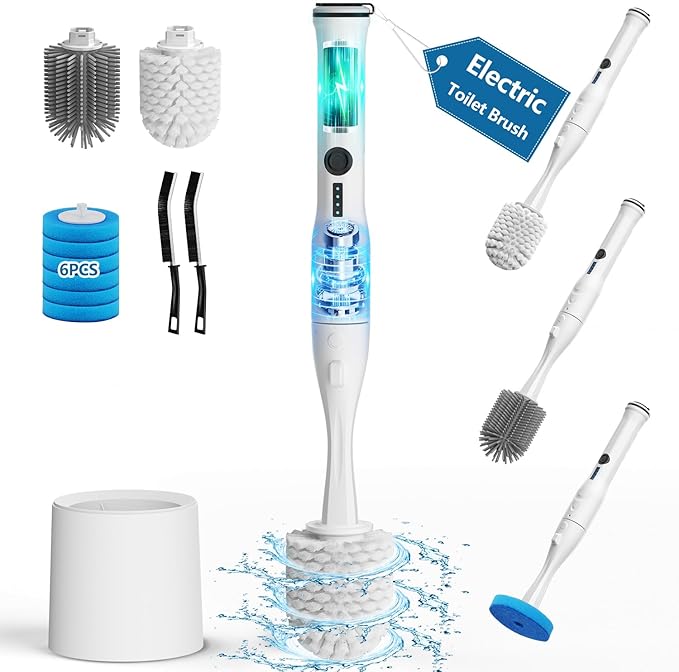 Electric Toilet Brush and Holder Set, Leebein 8 in 1 Electric Toilet Bowl Cleaning Kit with 8 Replaceable Brushes, Hard Nylon Brush and Soft Silicone Brush, 6 Refills Disposable Cleaner Brush