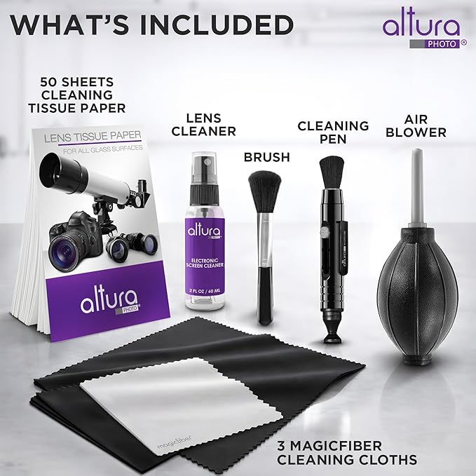 Altura Photo Camera Cleaning Kit - Lens Cleaner Spray, Brush, Pen, Blower, Microfiber Cleaning Cloths, Tissue Wipes for Canon Nikon Sony Fuji Olympus Pentax Sigma Tamron DSLR & Mirrorless Cameras