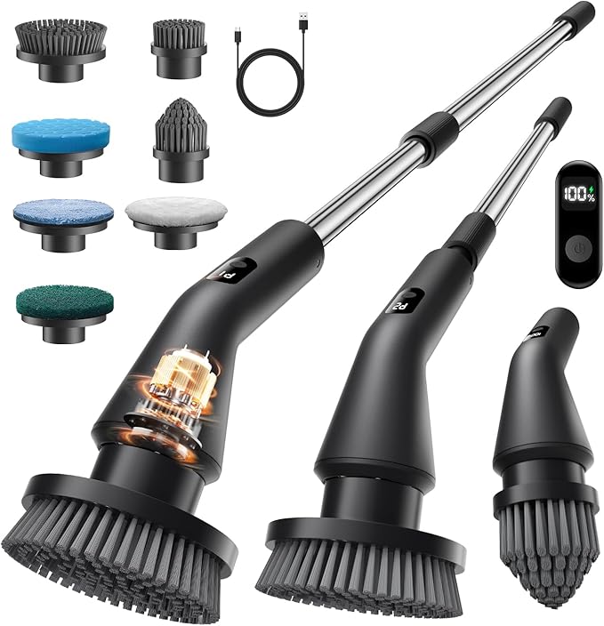 Electric Spin Scrubber, Upgraded IPX7 Cordless Cleaning Brush for Bathroom Shower, Household Cleaning Scrubber with 7 Brush Heads, Adjustable Long Handle and 2 Rotating Speeds for Tub Floor