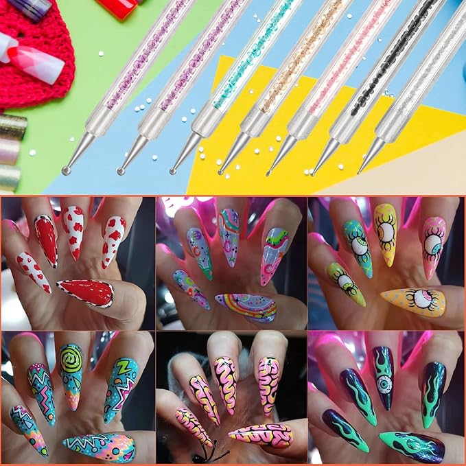 11PCS Nail Art Brush Set with Nail Dust Brush, Double-Ended Silicone Nail Art Tools for Acrylic Nails, Carving, Painting, Line Drawing, DIY Salon Manicure