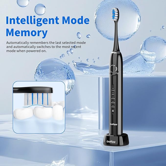Sonic Electric Toothbrush - 40,000 VPM Power Toothbrush with 5 Modes, Smart Timer & Mode Memory, IPX7 Waterproof, 30 Days Battery Life with Inductive Charger, 8 Brush Head (Black)
