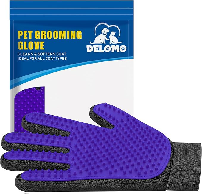 DELOMO Pet Hair Remover Glove - Gentle Pet Grooming Glove Brush - Deshedding Glove - Massage Mitt with Enhanced Five Finger Design - Perfect for Dogs & Cats with Long & Short Fur - 1 Pack, Purple