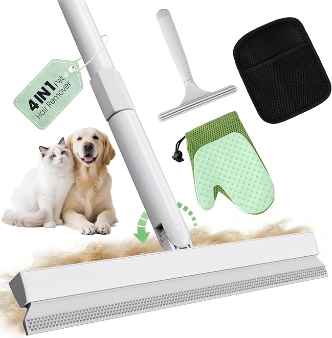 Carpet Rake for Pet Hair Removal Tool - 4 in 1 Pet Hair Remover Kit for Dog Cat Fur Remover, Contain 60" Adjustable Rubber Broom, Glove, Magic Brush and Scraper for Furniture,Short Pile Carpets, Mats