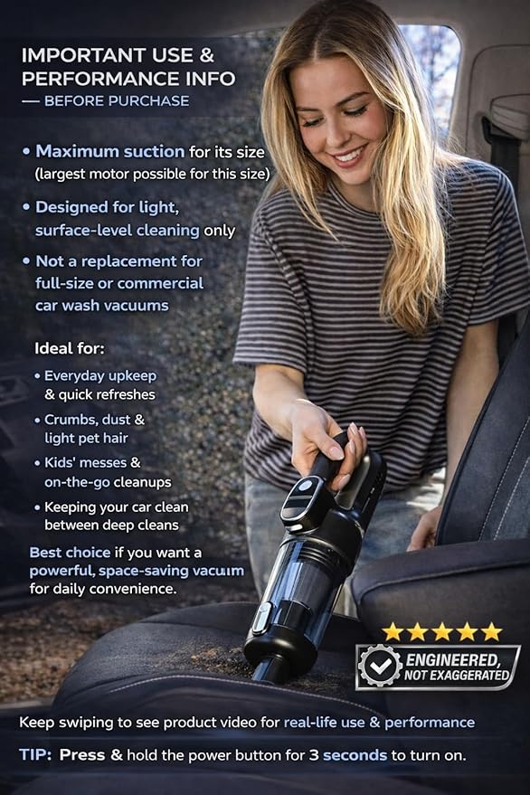 Car Vacuum Portable Cordless, 4-in-1 Mini Car Vacuum with 19500pa Suction & Air Duster, USB-C Charging, Smart Digital Display, Handheld Vacuum with LED Light, Multi Nozzles for Car, Home, Office, Pet