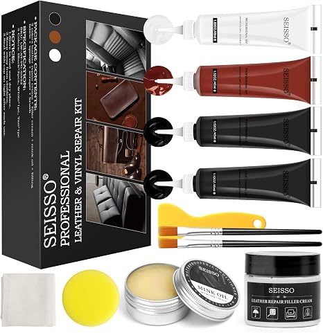 SEISSO Leather Repair Kit for Furniture, Vinyl Leather Repair Kit Car Interior Leather Dye with Mink Oil, Leather Filler