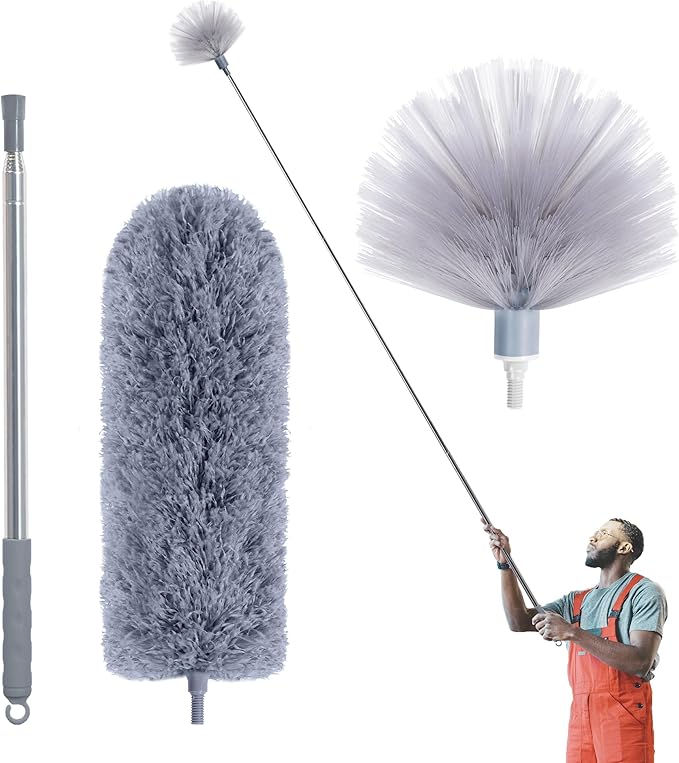 IVYROLL Cobweb Duster with Extension Pole, Spider Web Brush & Ceiling Cleaning Kit, 100" Microfiber Feather Duster Cleaner with Washable Head for Ceiling Fan, Furniture, Home