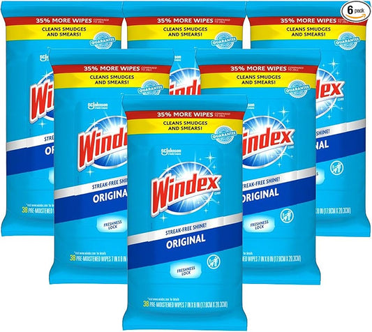Windex Glass and Window Cleaner Wipes, Portable Cleaning, 38 Count (6-Pack)